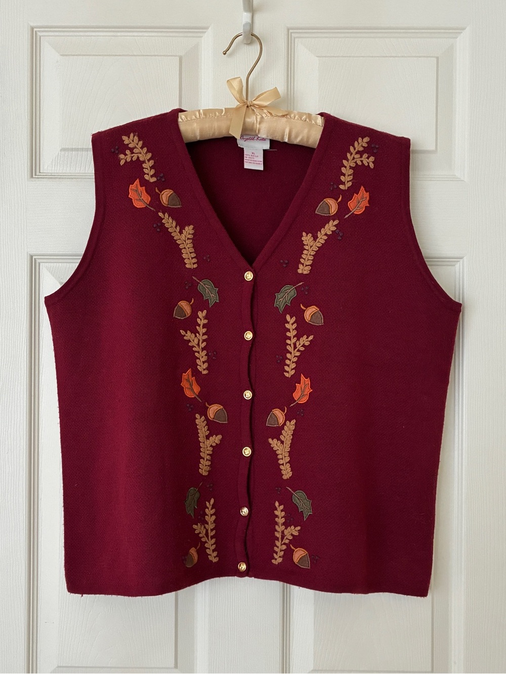 Crystal-Kobe Autumn-Themed Button-Front V-Neck Sweater Vest Size XL